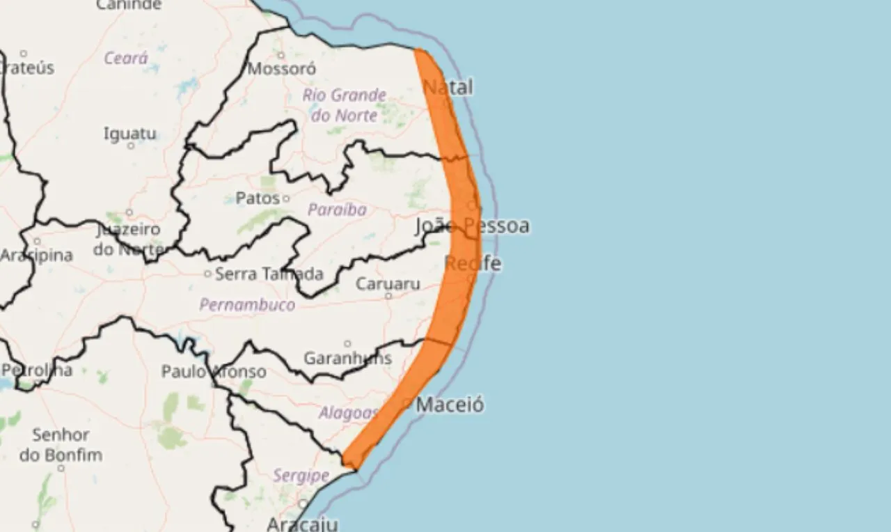 o mapa mostra as &aacute;reas em alerta para tempestade e ventos fortes